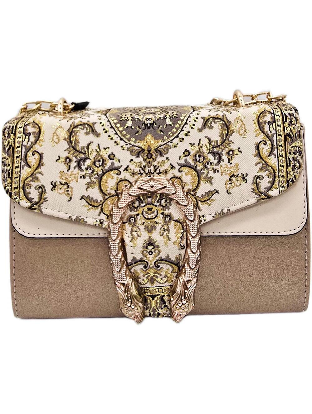 Elegant Beige and Gold Patterned Chain Shoulder Bag